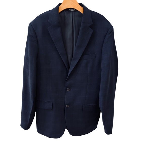 JOS A BANK Traveler Slim Fit 40L Navy Windowpane 100% Wool Blazer/Jacket